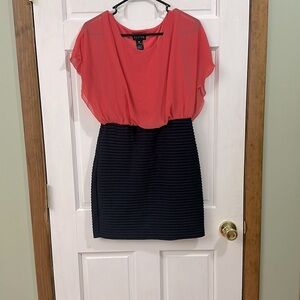 Coral and dark blue midi dress. Brand Enfocus Petite. Size 8P